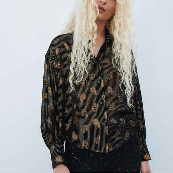 ZARA Gorgeous, Shimmering, Black & Gold Paisley Top with Collar & Cuffs🔥🔥🔥 - Picture 7 of 8